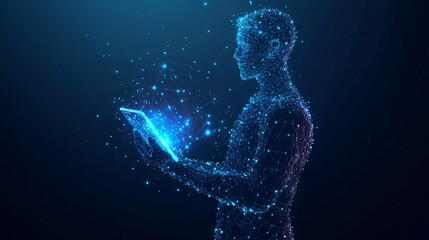 Abstract wireframe man holding tablet with AI chip hologram. Technology innovation background. Tech bg. Artificial intelligence concept. Scientist with AI processor. Vector low poly illustration. 