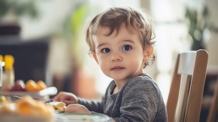 a 1 year old child sits at the table, having lunch