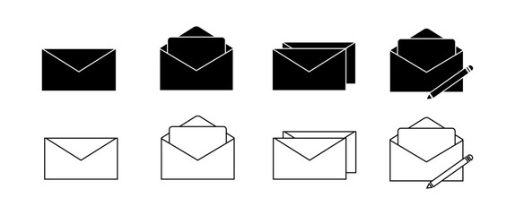 Message, Mail Box Vector Icons set, Black Letter, Envelope symbol in Modern Minimal style, Isolate Outline icon for Business, Graphic elements, Vector stock