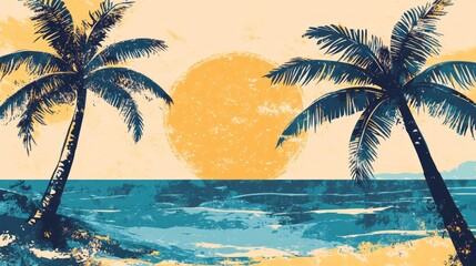 Obraz premium Boho groovy palm tree beach sun sea. Surf club vacation and sunny summer day aesthetic. Vector illustration background in trendy retro naive simple style. Pastel yellow blue braun color