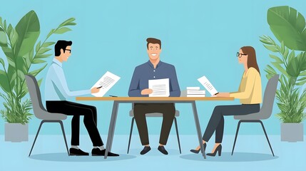 Two men and one woman sitting at a table in a vector illustration of an employee being interviewed for a job with papers in their hands