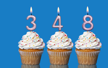 Birthday Cupcakes With Candles Lit Forming The Number 348