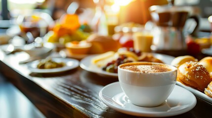 Close up of cup of coffee and buffet breakfast in hotel restaurant. --ar 16:9 --v 6 Job ID: af2e01e1-1247-478a-bb33-66c59798eca1