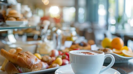 Close up of cup of coffee and buffet breakfast in hotel restaurant. --ar 16:9 --v 6 Job ID: af2e01e1-1247-478a-bb33-66c59798eca1
