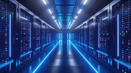 A 3D render of a modern data center, showcasing rows of sleek server racks illuminated by cool blue and white LED lights. The design emphasizes the clean, organized layout of the technology, with