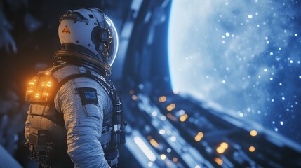 Astronaut gazes at massive window in mysterious spaceship interior amidst vast empty galaxy