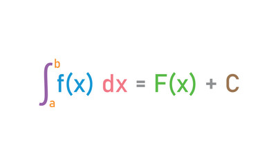 Integral of calculus formula. Variable of integration, Integrand, Integral sign, Upper and lower limit of integration.