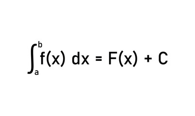 Integral of calculus formula. Variable of integration, Integrand, Integral sign, Upper and lower limit of integration.