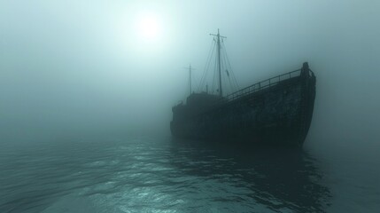 Fototapeta premium Eerie 3D Ghost Ship Sailing in Misty Waters with Haunting Atmosphere