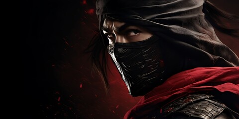 An assassin ninja is wearing a hooded mask. The image has a dark and mysterious mood, with the person's face obscured by the mask. Banner with copy space