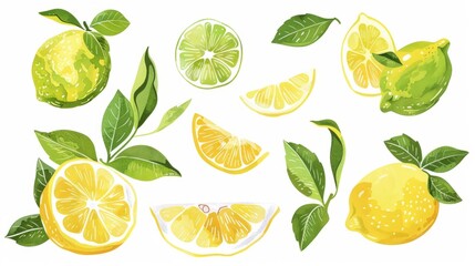 Fresh green lemon set. Whole lemon fruit with leaves, lemons slices and cut lemon. Organic fruits for lemonade juice or vitamin C healthy food. Vector illustration isolated on white background. --