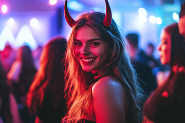 A young woman dressed up as a devil at a Halloween party