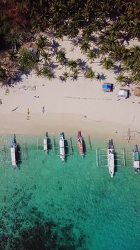 Aerial view of beautiful white sand beach, with palm trees and filipino boats in Siete Pecados Beach, Palawan, Philippines. Vertical HD video.