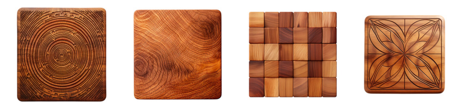 Collection of square wooden coaster isolated on transparent background