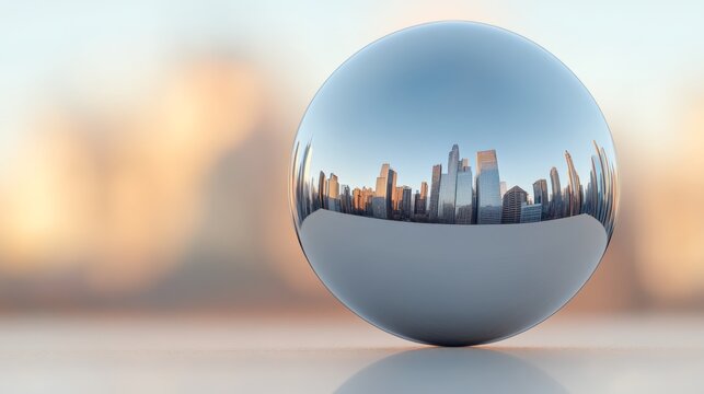 A closeup of a mercurymade sphere its surface fluid and everchanging reflecting a futuristic cityscape background in soft focus to emphasize the reflective details