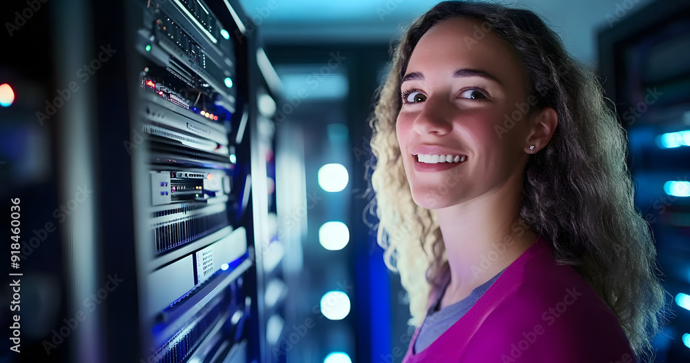 Aufkleber smile, engineer and woman on laptop in data center for cyber security, coding or update database. ha