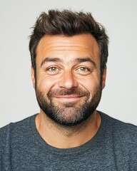 Obraz premium A joyful man displays a warm smile, conveying positivity and happiness