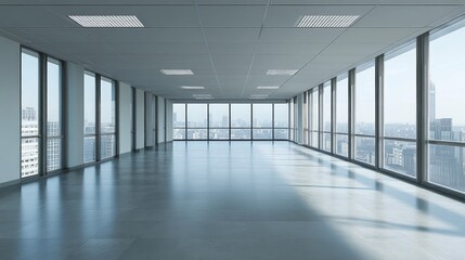 A frontal perspective of an empty office space, with large windows allowing natural light to flood the area.