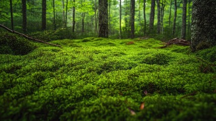 A lush forest floor blanketed in a sea of verdant green moss, creating a soft and vibrant natural texture.