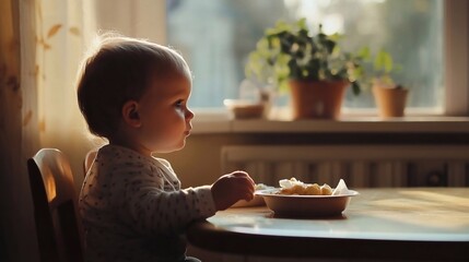 a 1 year old child sits at the table, having lunch