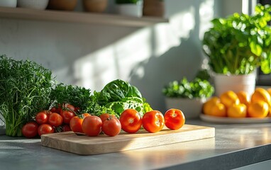 Fresh and Vibrant Organic Produce in a Sunlit Kitchen Setting