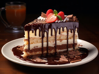 Generous Side view of layered fruit dessert with whipped cream and chocolate syrup on a plate