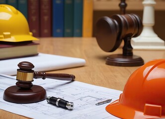 Labor and Construction law concept. judge gavel on building blueprint plans with a safety helmet and building model. Paper sheet with pen on wooden table. Agreement on construction law. home insurance