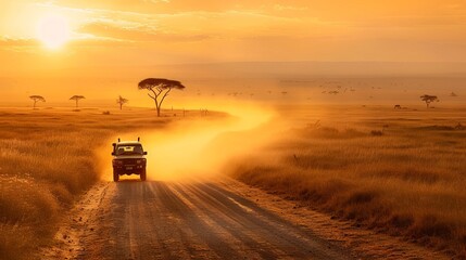 Safari Drive Through the Golden African Wilderness, Safari vehicle driving along a dusty road through the golden savannah at sunset, Kenya --ar 16:9 --v 6 Job ID: 769fef5f-9ad3-4d1f-8942-e5bc1e012c84