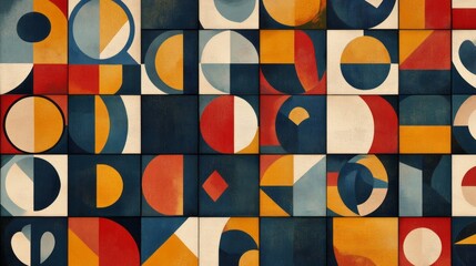 Set of bauhaus natural geometric shapes, pattern in tiles, decorative abstract art, banner, wallpaper, agriculture concept --ar 16:9 --v 6.1 Job ID: 6d795e2d-f680-4a8e-b90a-7de3b0b907d7