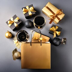 Black friday horizontal sale banner with realistic glossy balloons, gift box and discount text on black background. Vector illustration