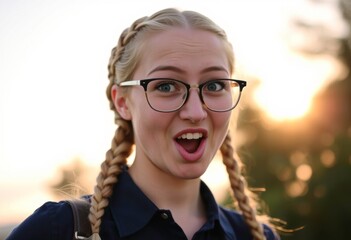 A young Caucasian woman making an excited facial expression