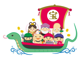 七福神が船に乗っているポップなデフォルメベクターイラスト