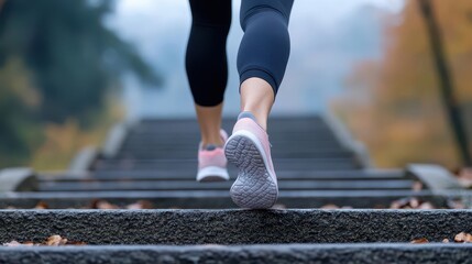 A close-up of a runner's feet ascending outdoor steps in a serene autumn setting, emphasizing movement and fitness.