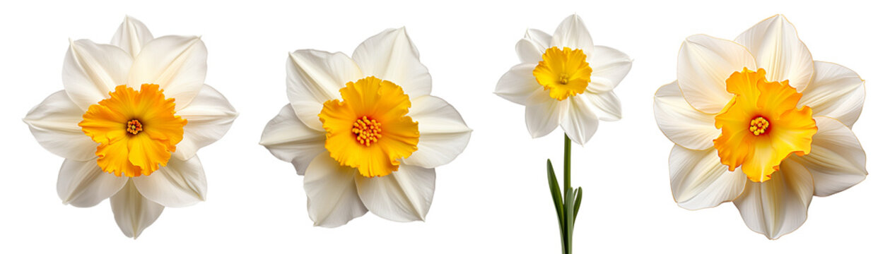 Collection of White and yellow daffodil flowers isolated on transparent background