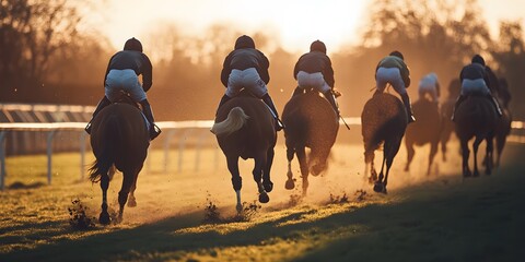 Horses and jockeys in mid-race action