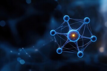 A glowing molecular structure against a dark abstract background, symbolizing scientific research and innovation in chemistry.
