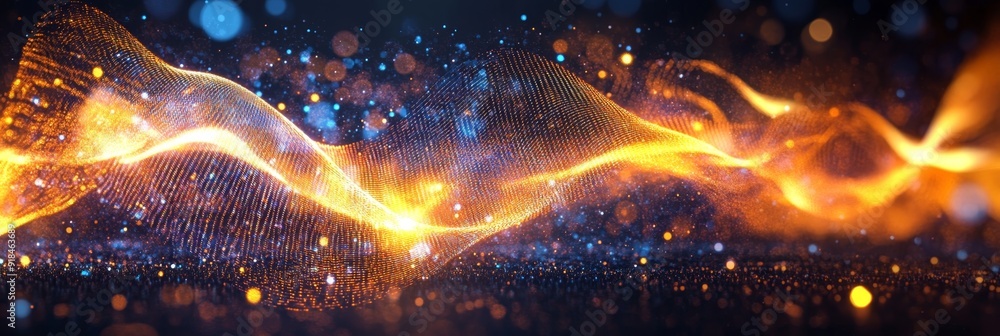 Poster dynamic visualization of sound and music with a vibrant wave of bright particles