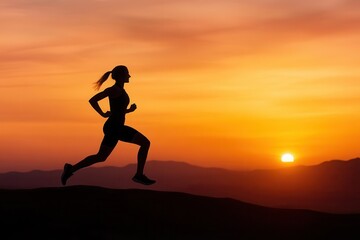 A silhouette of a woman running against a stunning sunset, embodying freedom, fitness, and the beauty of nature.