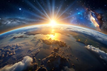 Fototapeta premium A breathtaking view of Earth from space, with the sun rising over the horizon, casting a warm glow on the planet and highlighting its beauty against a backdrop of stars and galaxies
