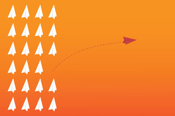 Think differently concept. Red airplane changing direction. Vector illustration