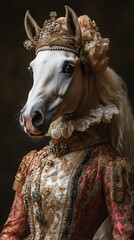 regal white horse adorned in an ornate gold embroidered royal gown with a jeweled crown