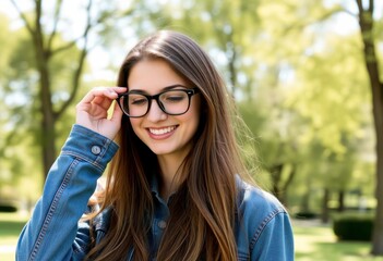 A young Caucasian woman with long brown hair wearing glasses and a denim jacket, smiling in a natural outdoor setting with blurred greenery in the background