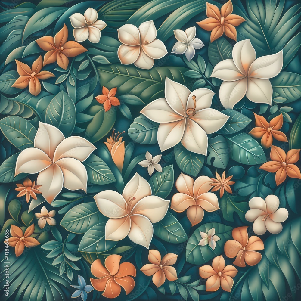 Wall mural Hawaii-inspired floral illustration featuring vibrant flowers and lush greenery