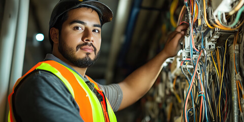 Male hispanic electrician in a high-vis vest working underground.