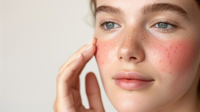 Close-up portrait of a young woman with rosacea redness on her cheeks, her hand softly touching the affected area, for dermatology and cosmetology advertisement