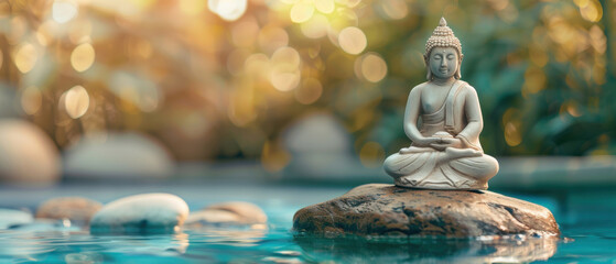 A tranquil Buddha statue rests on a stone in serene water, surrounded by a lush, blurred background for a peaceful ambiance.