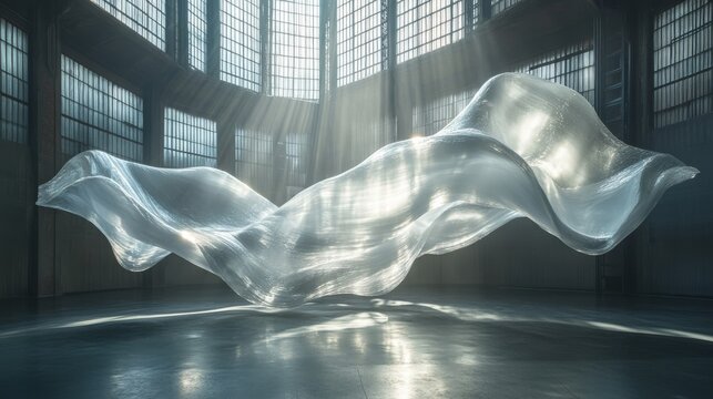 An abstract art installation featuring flowing mercury cascading in an endless loop illuminated by soft ambient light set against a stark industrial backdrop