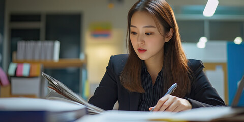 Young Asian female accountant in a business suit, focused on her work at a desk-free open office