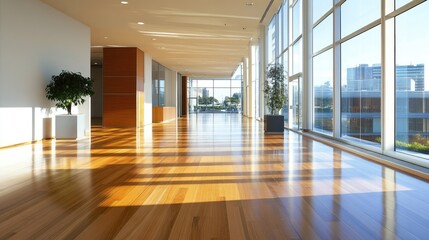 Fototapeta premium The natural beauty of hardwood flooring in a commercial building, adding warmth and elegance to the sleek, open space.