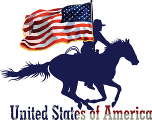 Rider riding on horse in rodeo wild west with USA flag